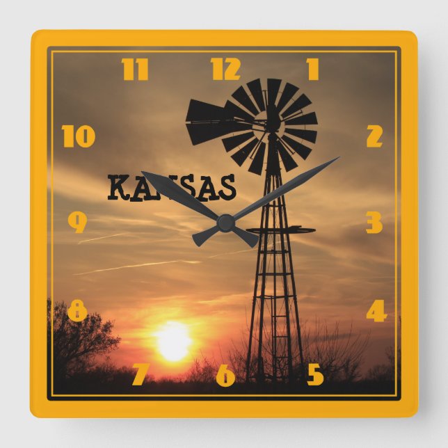 Kansas Windmill Silhouette Sunset Quadratische Wanduhr (Vorderseite)
