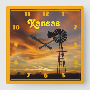 Kansas Windmill Silhouette Sunset Quadratische Wanduhr
