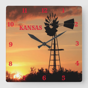 Kansas Windmill Silhouette Sunset Quadratische Wanduhr
