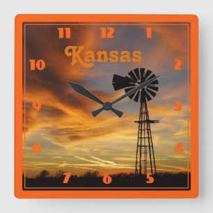 Kansas Windmill Silhouette Sunset Quadratische Wanduhr