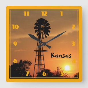 Kansas Windmill Silhouette Sunset Quadratische Wanduhr