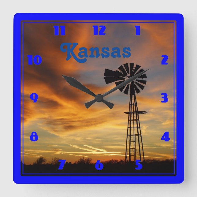 Kansas Windmill Silhouette Sunset Quadratische Wanduhr (Vorderseite)