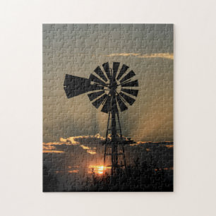 Kansas Windmill Sonnenuntergang mit Sun Rays Jigsa Puzzle