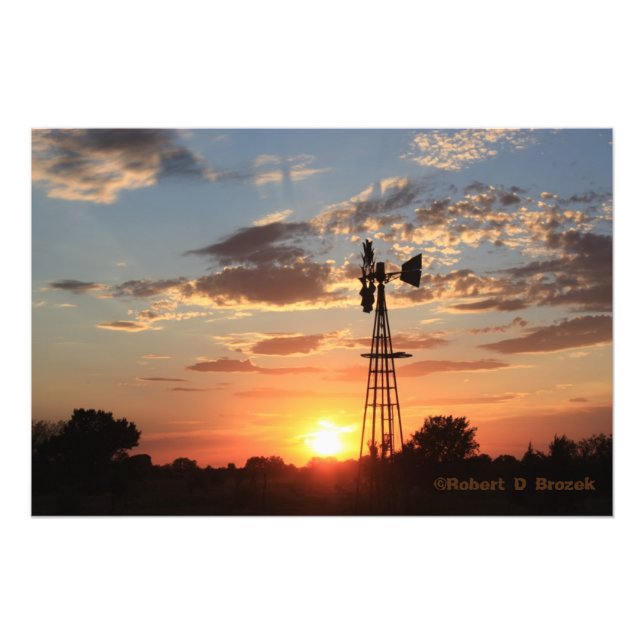 Kansas Windmill Sonnenuntergang mit Wolken Foto/Po Fotodruck (Vorne)