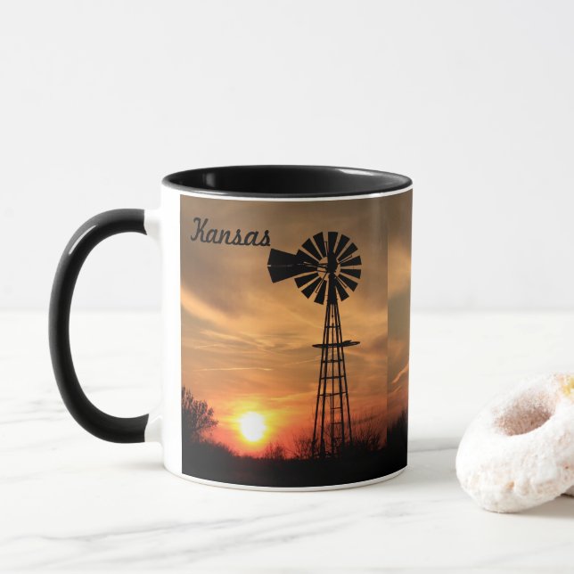 Kansas Windmill Sunset Tasse (Mit Donut)