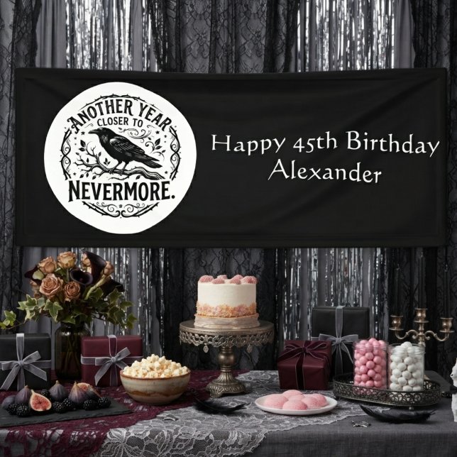 Kantige Dark Academia Nevermore Geburtstag Banner (Gothic "Nevermore" banner for the birthday guest of honor.)