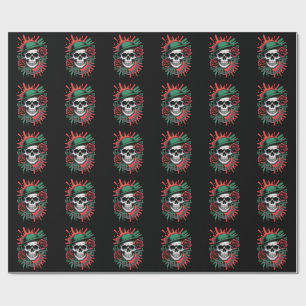 Kantige Grafik: Totenkopf mit Bowlerhut und Rosen Geschenkpapier