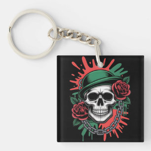 Kantige Grafik: Totenkopf mit Bowlerhut und Rosen Schlüsselanhänger