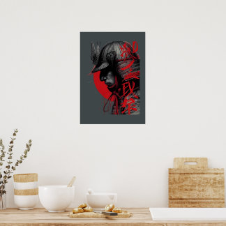 Kantiger Samurai-Krieger Japanische Tinte Rote Son Poster