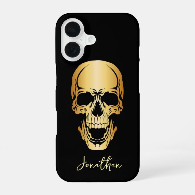 Kantiges Schwarz-Gold-Totenkopf-Muster mit individ iPhone 16 Hülle (Rückseite)