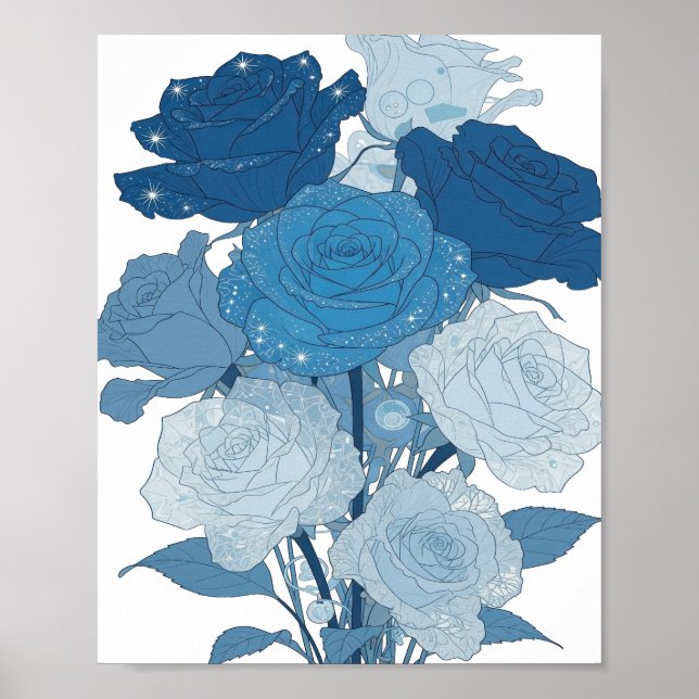 Kantiges Silber BLAUE ROSEN Design Poster (Vorne)