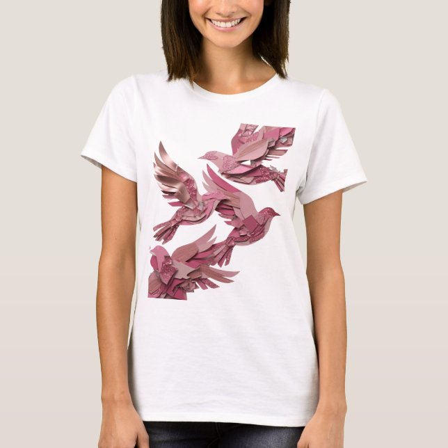 Kantiges Silber PINK BIRDS 3D-Text Kunst T-Shirt (Vorderseite)