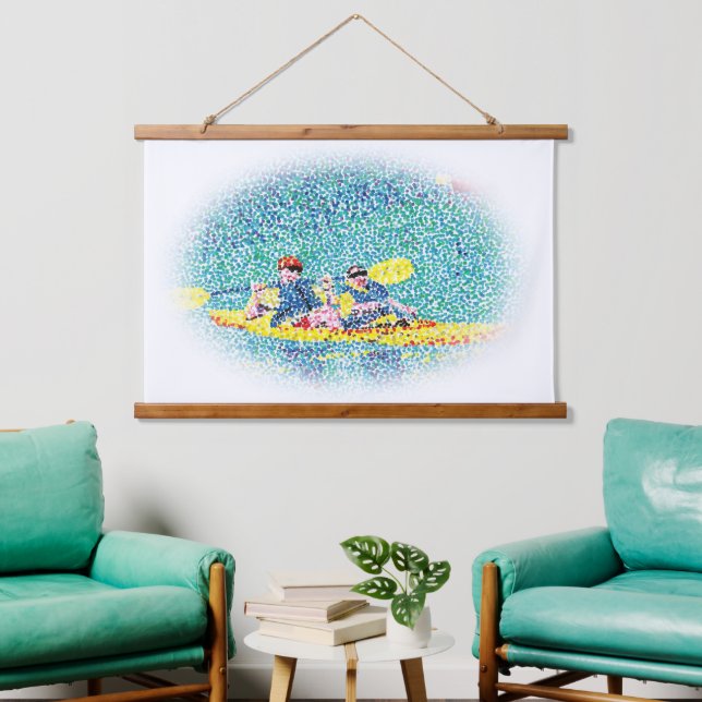 Kanufahren in Pointillismus an Wandteppichen Wandteppich Mit Holzrahmen (Wohnzimmer)