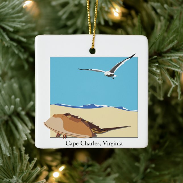 Kap Charles, VA Horseshoe Crab Sea Gull Strand Keramikornament (Baum)