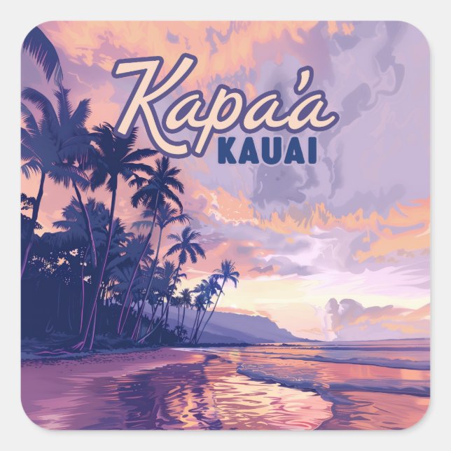Kapaa Kauai Hawaii Beach Sunset Palm Tree Retro Quadratischer Aufkleber (Vorderseite)