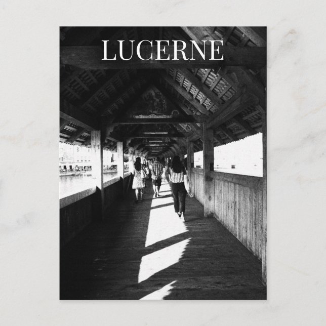 Kapellbrücke Luzern + Touristen Schweiz BW Postkarte (Vorderseite)