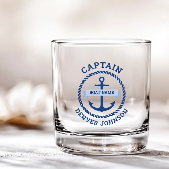 Kapitän Ankerseil Grenzschiff Name auf Banner Whiskyglas (Captain anchor rope border boat name on banner whiskey glass)