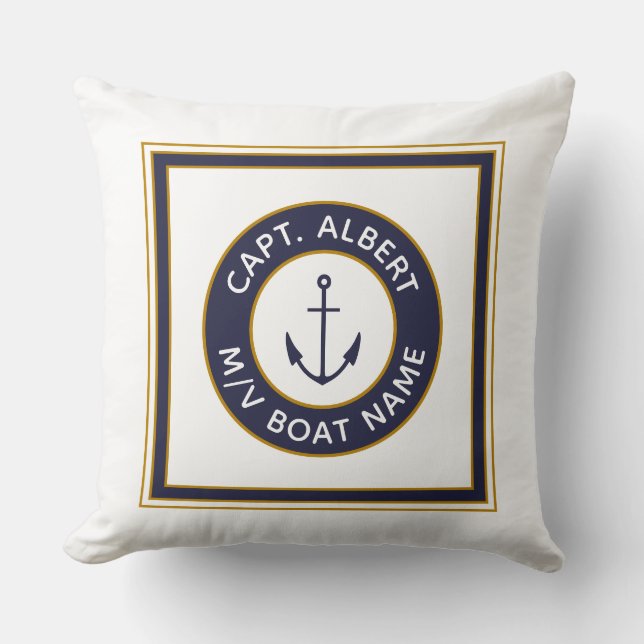 Kapitän, Ihr Name Marine White Anchor Pillow Kissen (Vorderseite)