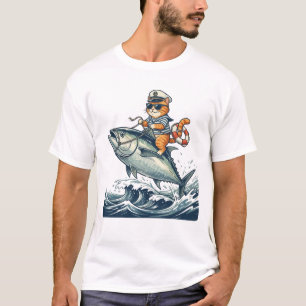Kapitän Katze reitet auf riesigem Thunfisch Lustig T-Shirt