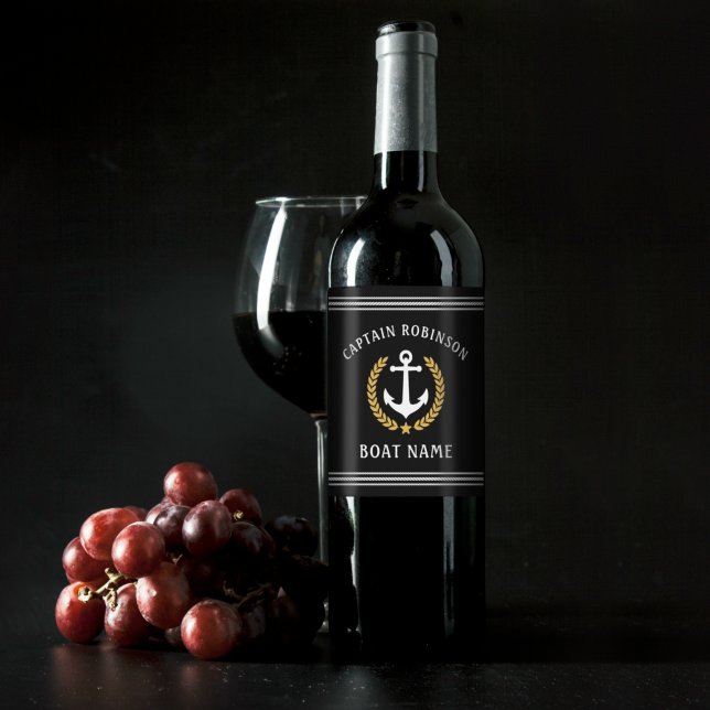 Kapitän Name und Boat Anchor Gold Laurel Black Weinetikett (Von Creator hochgeladen)