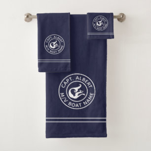 Kapitän Personalisiert Mermaid Logo Navy Handtuch Badhandtuch Set