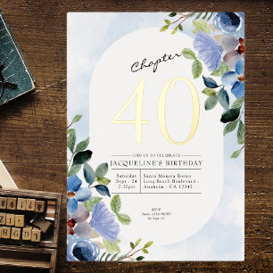 Kapitel 40 Blaue Blumen 40. Geburtstag Gold Folieneinladung