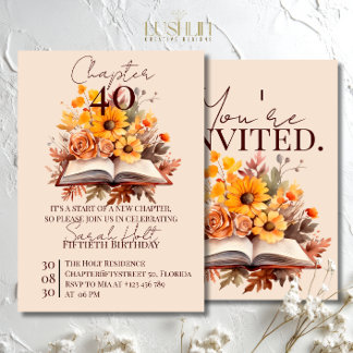 Kapitel 40 Geburtstag – Offenes Buch mit Herbstblu Einladung