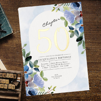 Kapitel 50 Blauer Blumenstrauß 50. Geburtstag Gold Folieneinladung