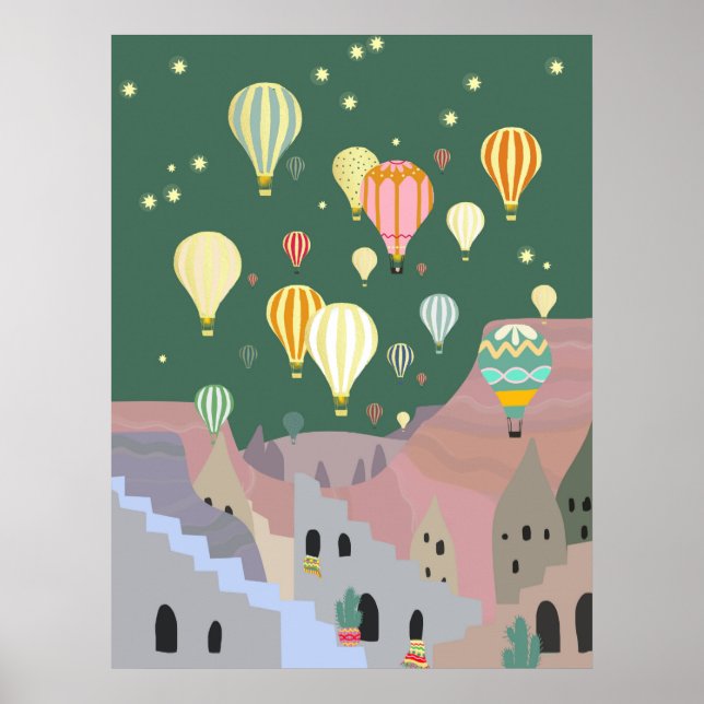 Kappadocia Illustration | Kapadokya Ballon Nacht Poster (Vorne)