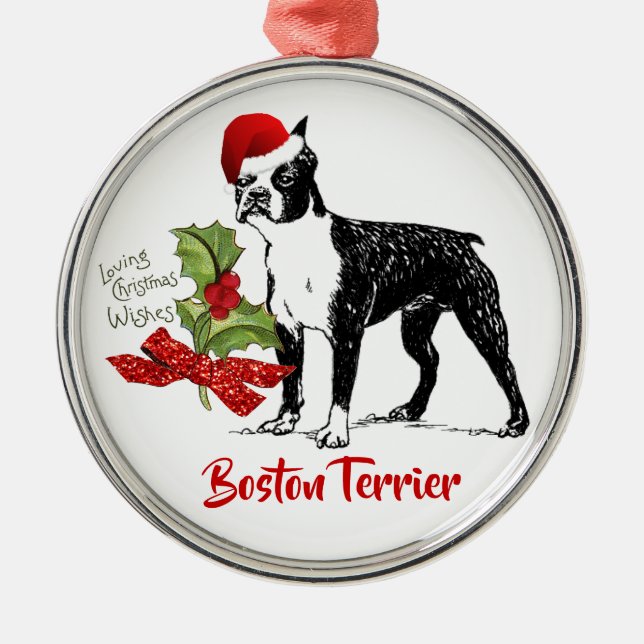 Kappen-Stechpalmen-Weihnachten Bostons Terrier Ornament Aus Metall (Vorne)