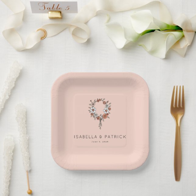 Kaprizieller Pfirsich-Blumenkranz Pappteller (Hochzeit)