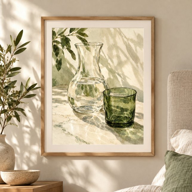 Karaffe und grünes Glas Kunstprint Poster (Styled display of Carafe and Green Glass Art Print. Frame, mat and furnishings shown for illustration; select framing options separately.)