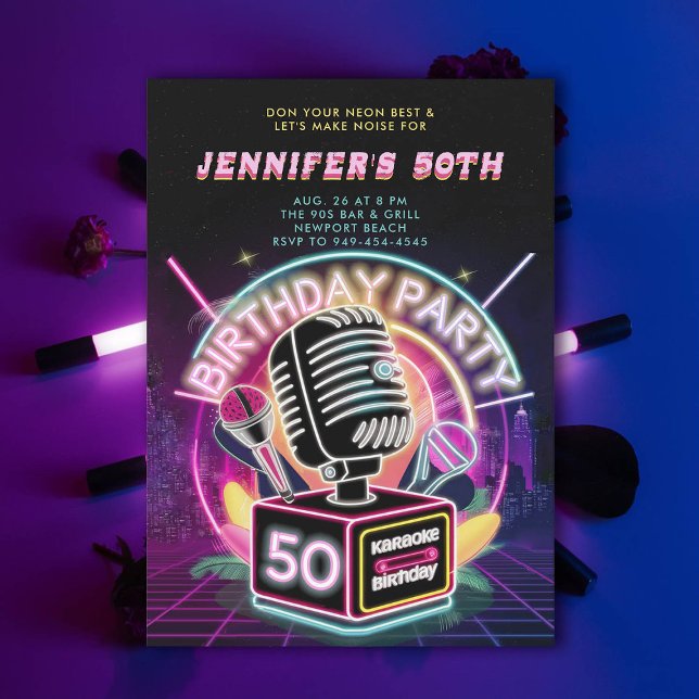 Karaoke 90s Neon Glow Millennial 50. Geburtstag Einladung (karaoke neon glow 50th birthday invitation 90s millennial arcade)