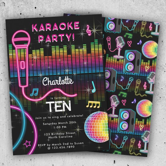 Karaoke Neon Glow Birthday Singing Music Party  Einladung (Karaoke Neon Glow Birthday Singing Music Party Invitation)