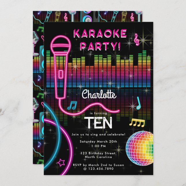 Karaoke Neon Glow Birthday Singing Music Party  Einladung (Vorne/Hinten)