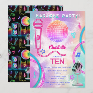 Karaoke Neon Glow  Tie Dye Birthday Party  Einladung