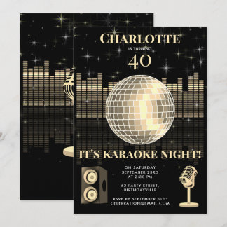 Karaoke Night Black Gold 40th Disco Birthday Party Einladung