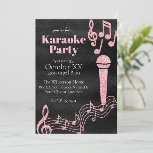Karaoke-Party Pink Glitter Musiknoten auf Schwarz Einladung