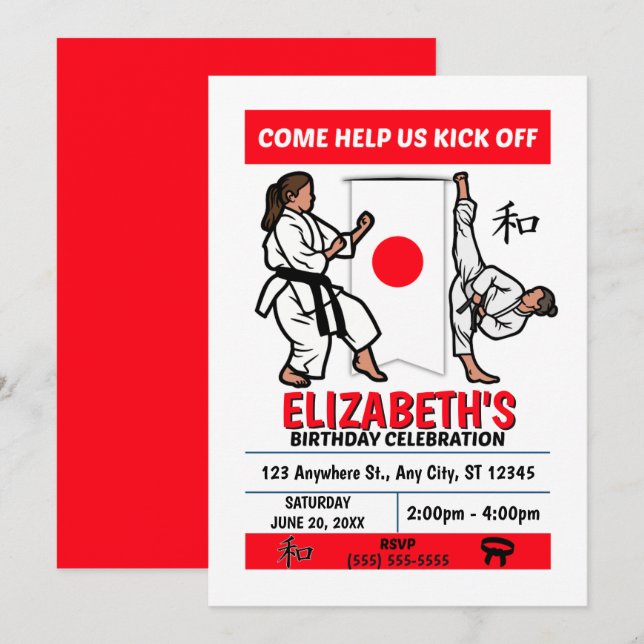 Karate Birthday Party Invitation (Girls) Einladung (Vorne/Hinten)