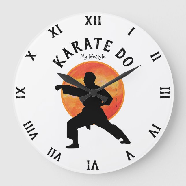 Karate Black Silhouette & Rising Sun Martial Arts Große Wanduhr (Vorderseite)
