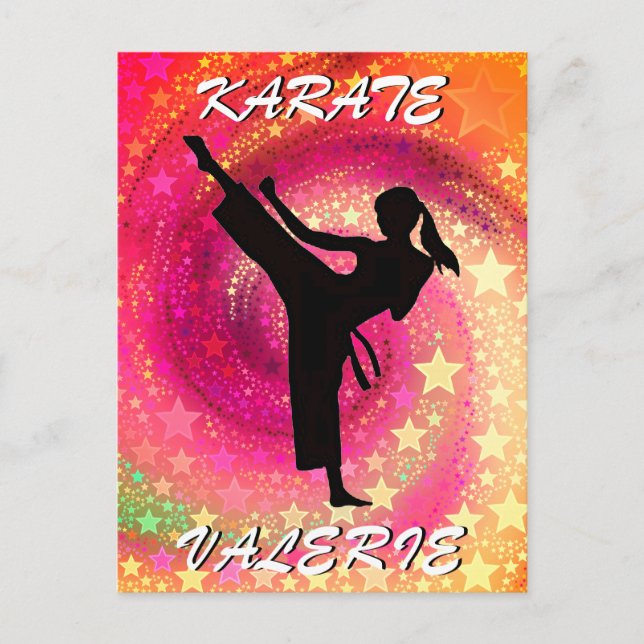 Karate Girl Kick Stars und Wirbel Retro Postkarte (Vorderseite)
