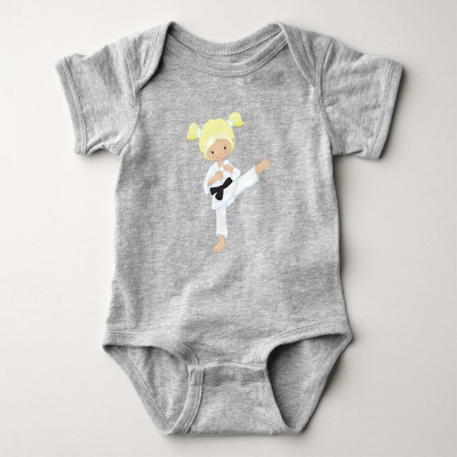Karate Girl, Niedlich Girl, Blonde Hair, Schwarzer Baby Strampler (Vorderseite)