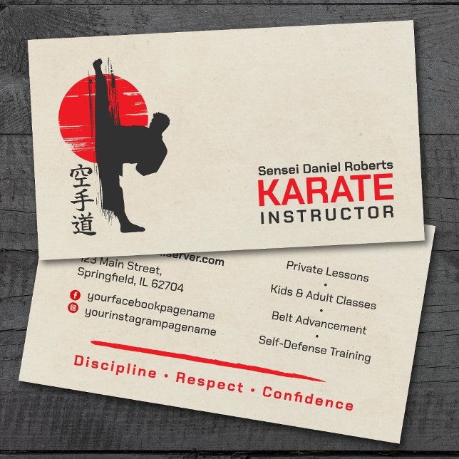 Karate-Instruktor - Kanji und Karateka Silhouette Visitenkarte (Von Creator hochgeladen)