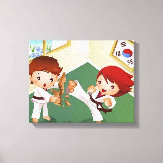 Karate-Junge, der Holz hält, mit einem anderen zer Leinwanddruck (Vorderseite)