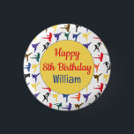 Karate Kid Martial Arts Modern Cool Happy Birthday Button<br><div class="desc">Eine moderne Typografie mit farbenfrohen Karikaturenkollagen, um das Karate-Kind in seiner Geburtstagsparty mit einem sportlichen Fest Thema in blau, gelb, rot, lila, schwarz, braun, orange und grün auf weißem Hintergrund zu ergänzen. Machen wir ein einzigartiges und originelles Fest mit diesem lustigen Kampfkunstdesign. Super cool und die perfekte Ergänzung für ein...</div>