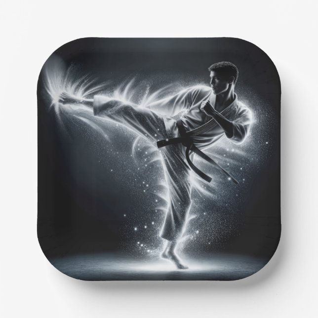 Karate Man mit Neon Energy Light Trails Pappteller (Vorderseite)