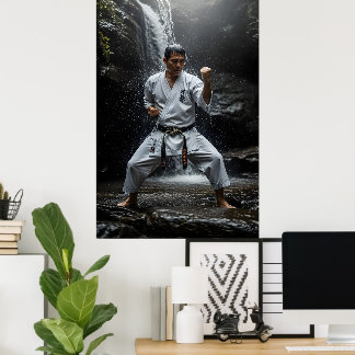 Karate-Meister führt Kata unter Wasserfall aus Poster