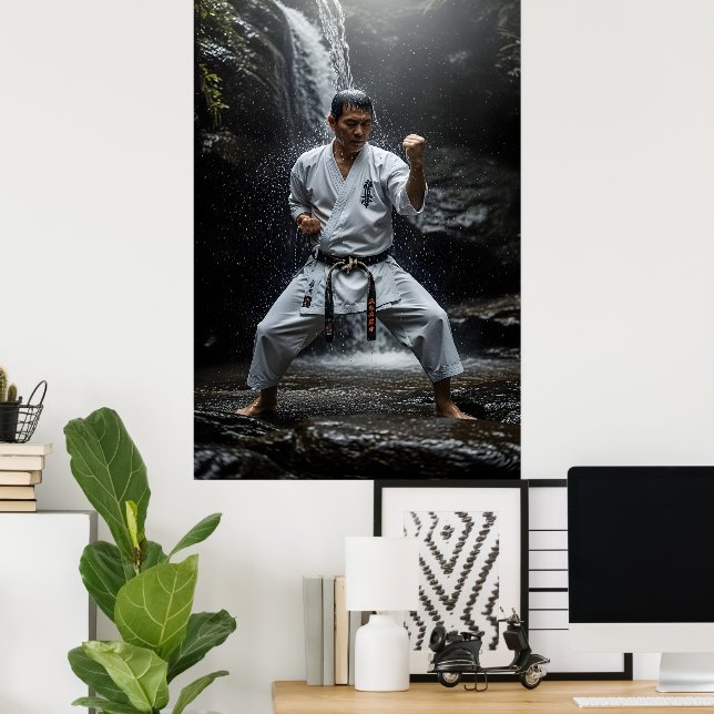 Karate-Meister führt Kata unter Wasserfall aus Poster (Heimbüro)