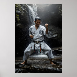 Karate-Meister führt Kata unter Wasserfall aus Poster