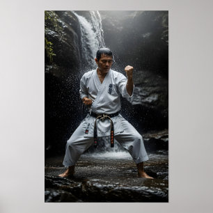 Karate-Meister führt Kata unter Wasserfall aus Poster